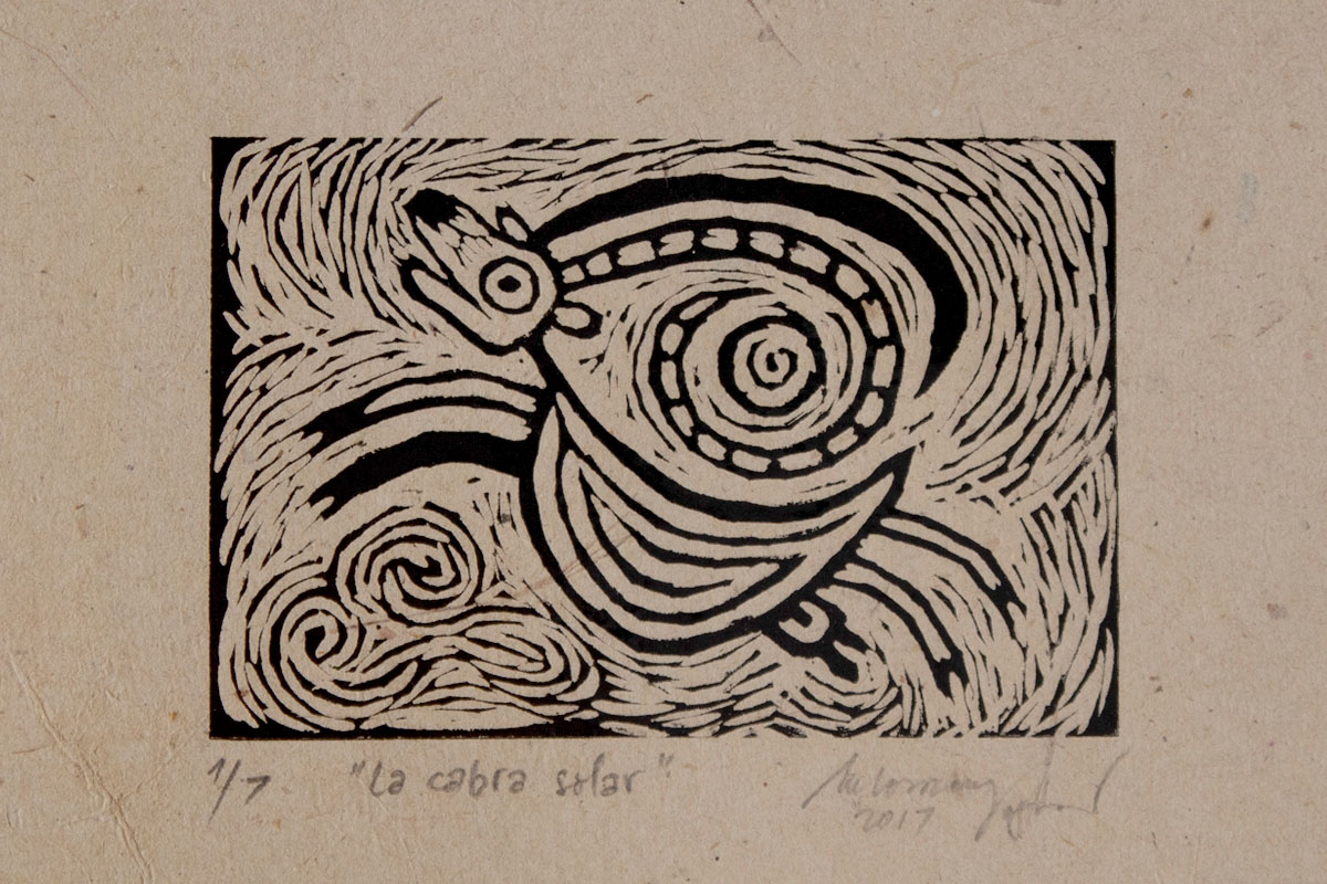 Myth-Inspired Goat Art: High-Contrast Portrayal Amidst Harmonious Circular Lines, Evoking Flight