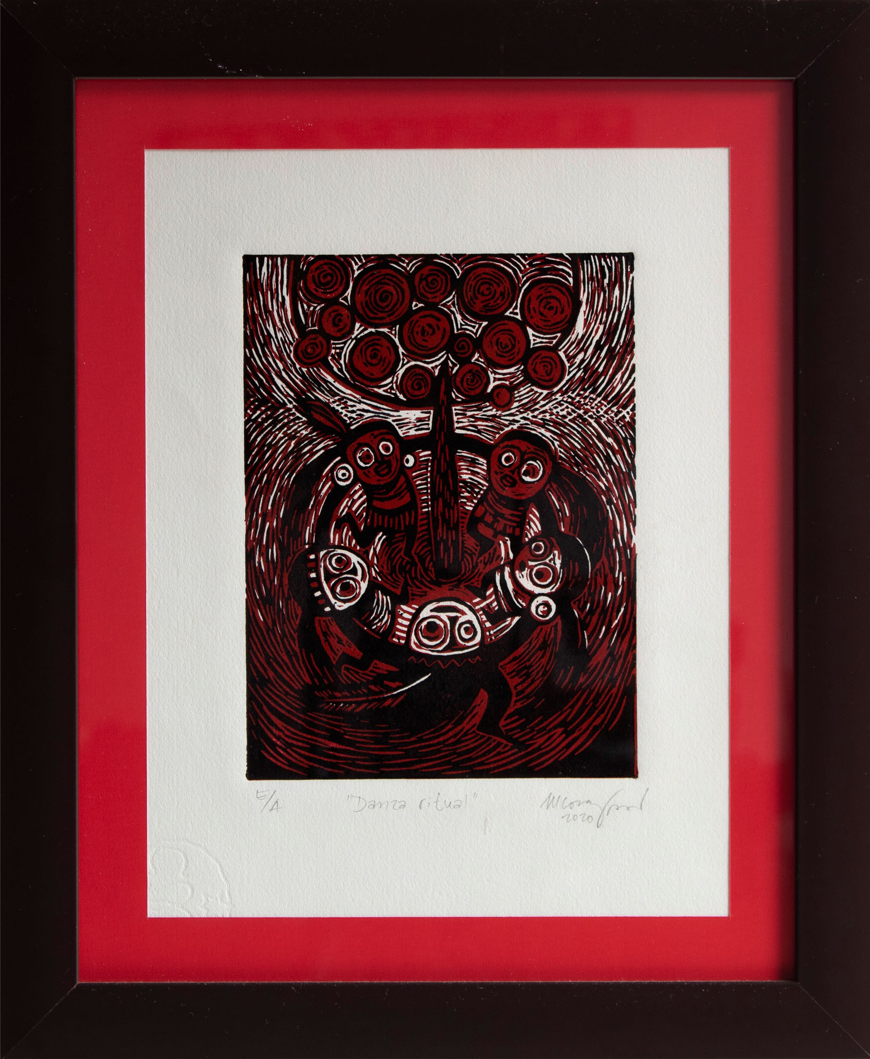 Tribal Dance Artwork: Characters in a Circle Holding Hands Around a Tree. Naive-Style Drawing in High Contrast, Black and Dark Red Ink on White Pape