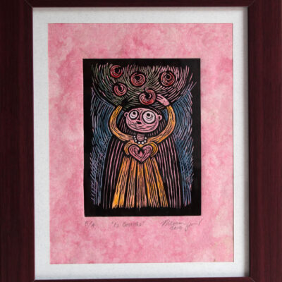Artwork: Depiction of harvest - woman with heart, reaching for fruits. Hand-touched linocut print on pink handmade paper