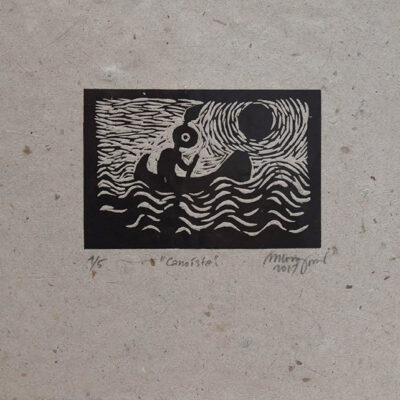 MNaive-style character in canoe linocut print, sun or moon illuminates water and sky, high contrast artwork