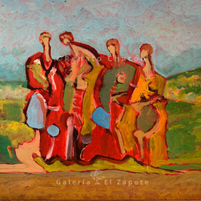 Oil painting depicting a group of people, faces and details are not defined, green landscape in the background