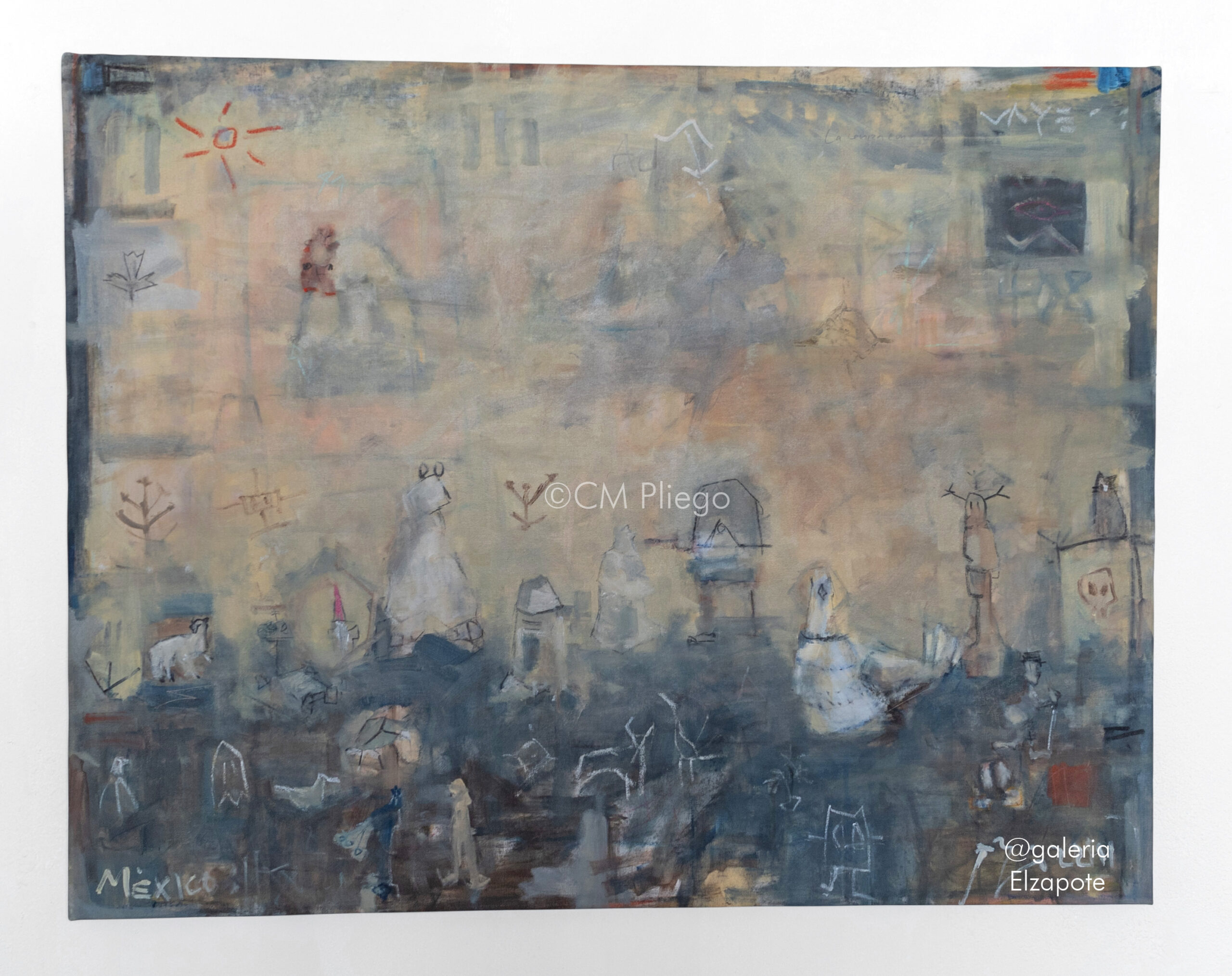 Painting on canvas describing a group of surreal characters on a dark ground that makes contrast with the tinted combination of yellow and pink background.