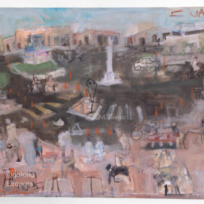 Painting on canvas depicting a panoramic view of Paseo de Montejo in Merida through loosen brushstrokes, describing the everyday life of people with a touch of fantasy