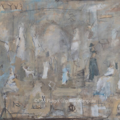 Oil and charcoal on canvas, figurative painting depicting child-like characters slightly defined. Click on the link to purchase.