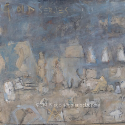 Figurative painting depicting characters and elements coming from a tinted blue background, from "Gold Series" Click on the link to purchase.