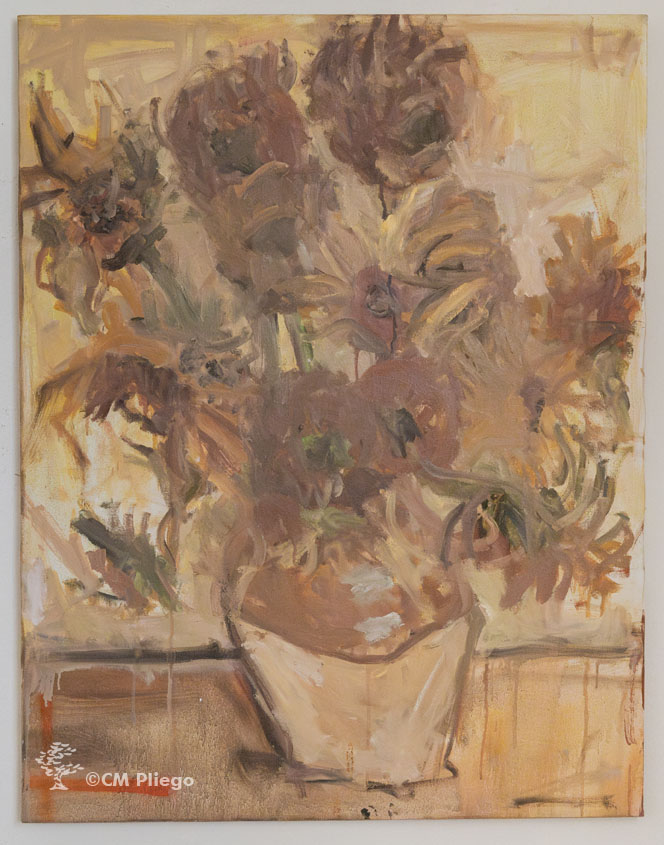 Oil painting inspired by "Sunflowers" by Vincent Van Gogh, an artist's interpretation with his loose brushstroke style.