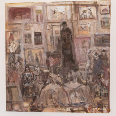 Oil painting inspired by "Las Meninas" by Diego Velázquez, an artist's interpretation with a sense of humor and his loose brushstroke style.