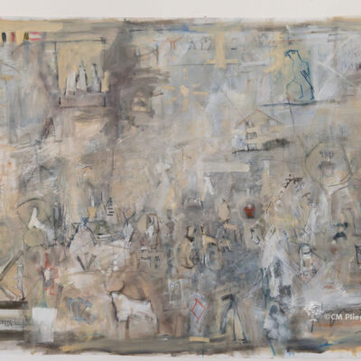 Artwork 'Alux': Urban scene with houses, characters, and warm tones, mixed media on canvas, 96.5x130 cm, created in 2022. Click on the photo to purchase.