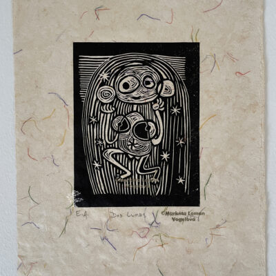 Click to enlarge: Serene nude woman amidst starry night, Shoshone-inspired linocut print on handmade paper