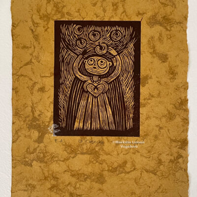 Artwork: Depiction of harvest - woman with heart, reaching for fruits. Hand-touched linocut print on pink handmade paper