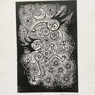 Naive-style artwork: Pleiades myth depiction in high contrast linocut print. Naked Pleiades amidst stars on black handmade paper.