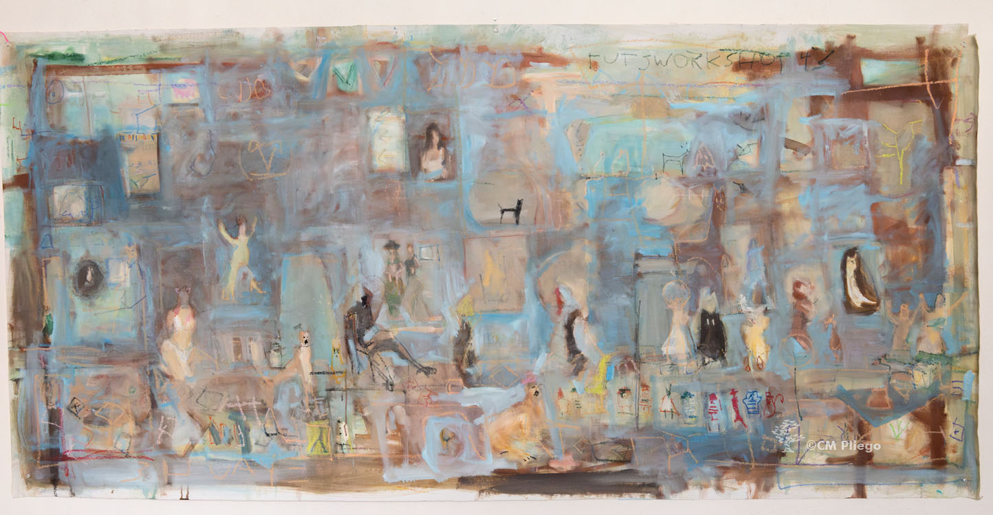 Canvas painting in a panoramic format with a dominance of blue tones, and turquoise and brown. Using splatters and loose strokes, the artist incorporates human figures, dogs, and cats, along with some comic book characters and recurring symbols found in their other works. Click on the photo to purchase.