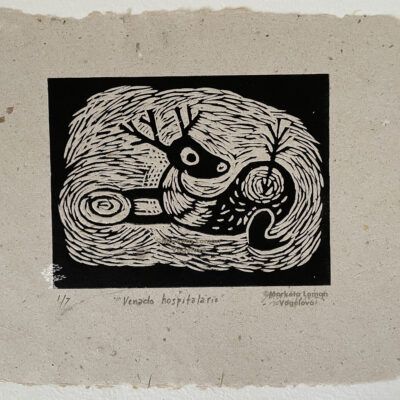 Charming deer artwork: white cutout on black background, hunting arrow mark. Linocut print on handmade paper