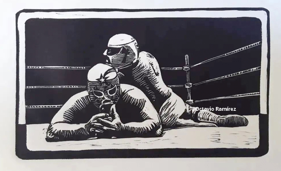 Artwork titled 'Encuentro': Depiction of iconic Mexican wrestlers, El Gladiador vs Super Astro, blending tradition with modernity, one holding a cellphone